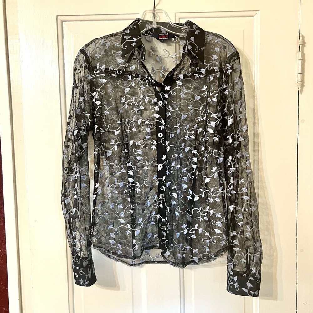Lace Button Down Shirt with Floral Embroidery